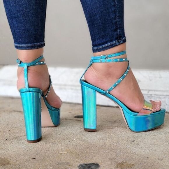 Women's Studded Platform Ankle Strap High Heel Sandal Blue Metalic Color - Picture 3 of 5
